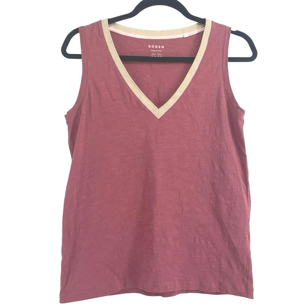 Boden Pink Cotton Tank Top Sz 4 Vneck Gold Trim